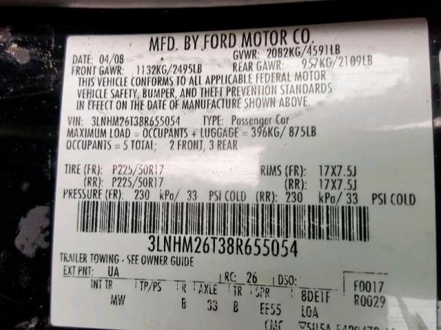 3LNHM26T38R655054 - 2008 LINCOLN MKZ BLACK photo 10