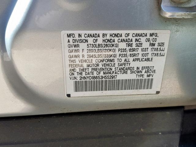 2HNYD18653H552917 - 2003 ACURA MDX TOURIN SILVER photo 10