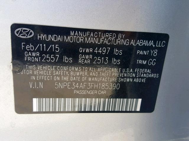 5NPE34AF3FH185390 - 2015 HYUNDAI SONATA SPO SILVER photo 10