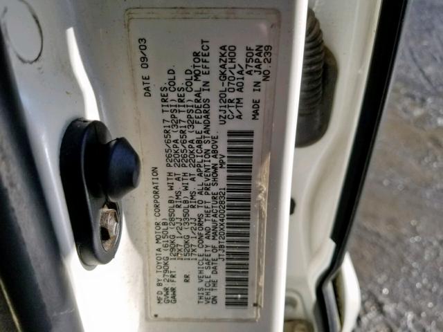 JTJBT20XX40028321 - 2004 LEXUS GX 470 WHITE photo 10