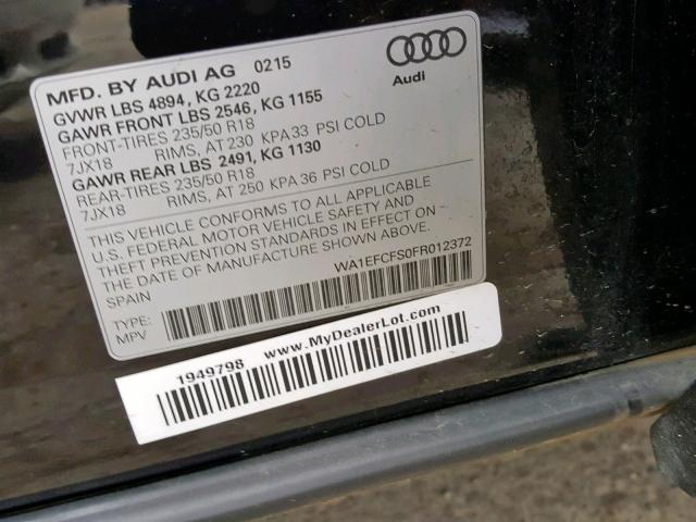 WA1EFCFS0FR012372 - 2015 AUDI Q3 PREMIUM BLACK photo 10