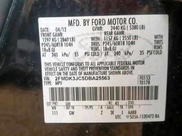 2FMDK3JC5DBA25563 - 2013 FORD EDGE SEL BLACK photo 10