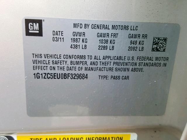 1G1ZC5EU0BF329684 - 2011 CHEVROLET MALIBU 1LT GOLD photo 10