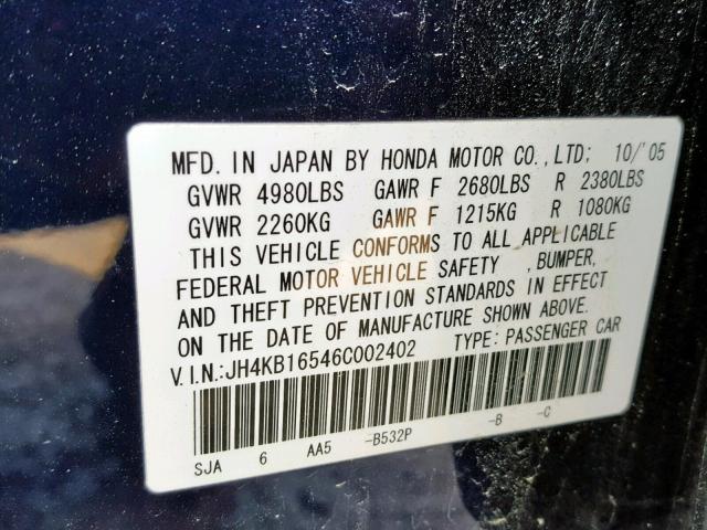 JH4KB16546C002402 - 2006 ACURA RL BLUE photo 10