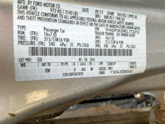 1FADP3K29EL172312 - 2014 FORD FOCUS SE SILVER photo 10