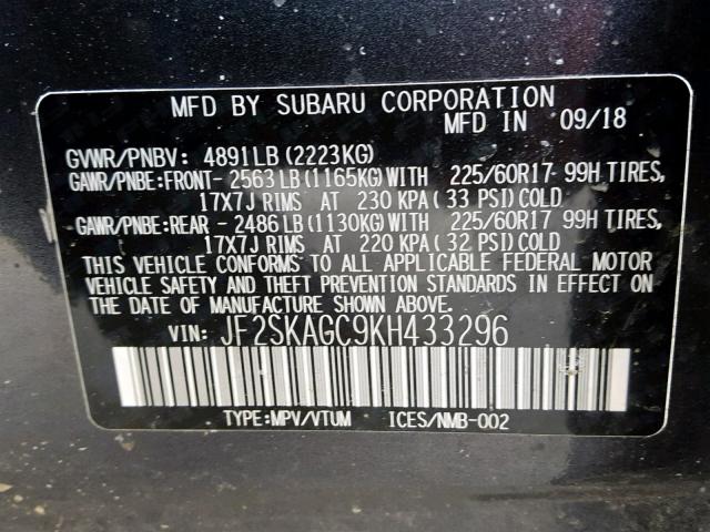 JF2SKAGC9KH433296 - 2019 SUBARU FORESTER P GRAY photo 10