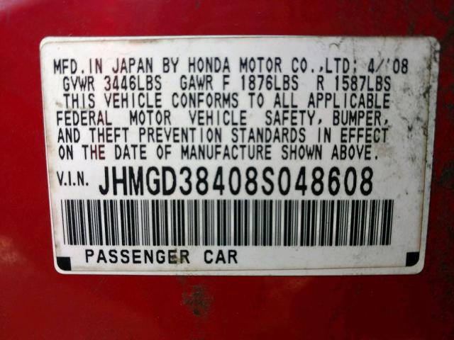 JHMGD38408S048608 - 2008 HONDA FIT RED photo 10