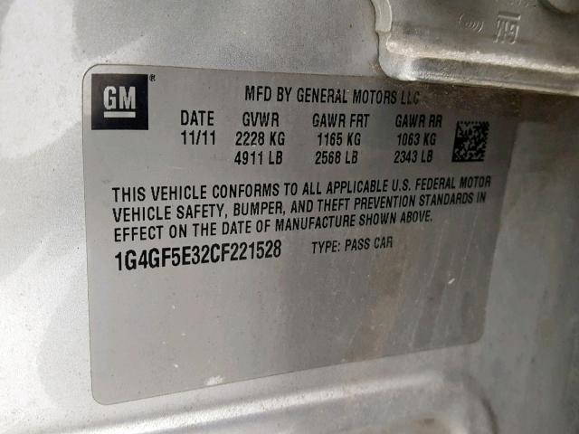 1G4GF5E32CF221528 - 2012 BUICK LACROSSE P SILVER photo 10