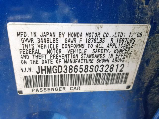 JHMGD38658S032812 - 2008 HONDA FIT SPORT BLUE photo 10