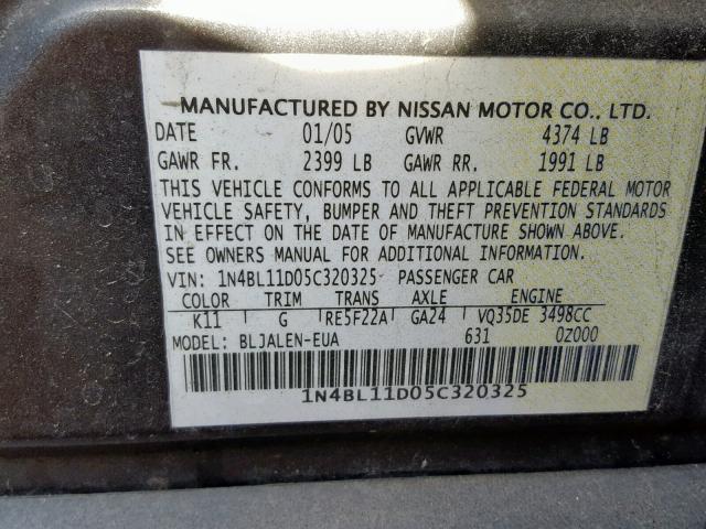 1N4BL11D05C320325 - 2005 NISSAN ALTIMA SE BLACK photo 10