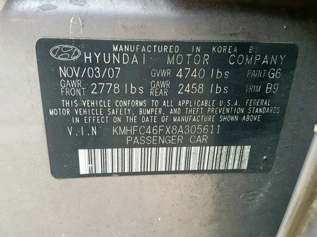 KMHFC46FX8A305611 - 2008 HYUNDAI AZERA SE SILVER photo 10