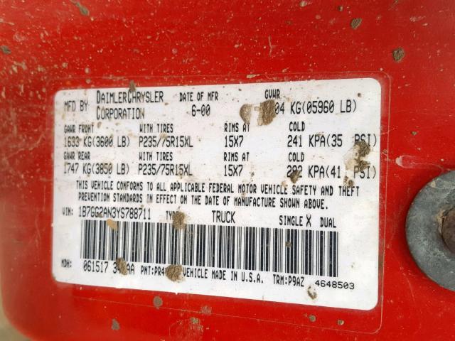 1B7GG2AN3YS788711 - 2000 DODGE DAKOTA QUA RED photo 10