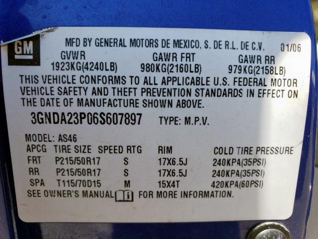 3GNDA23P06S607897 - 2006 CHEVROLET HHR LT BLUE photo 10