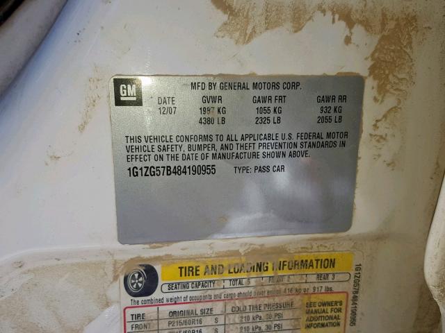 1G1ZG57B484190955 - 2008 CHEVROLET MALIBU LS WHITE photo 10