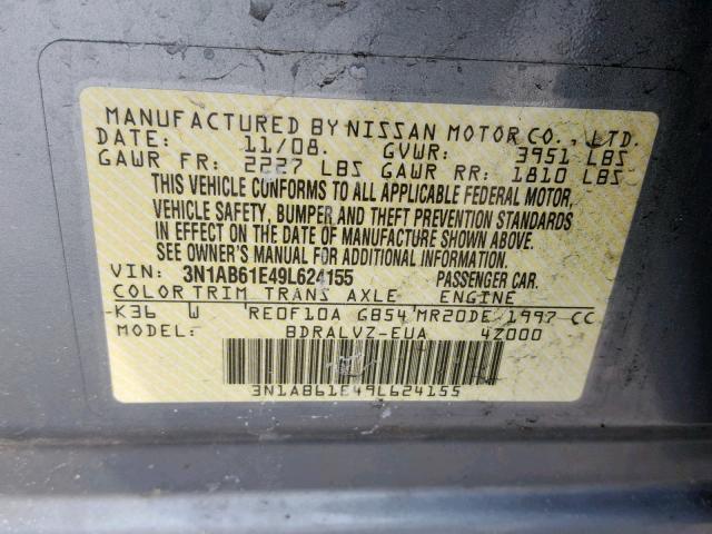 3N1AB61E49L624155 - 2009 NISSAN SENTRA 2.0 SILVER photo 10