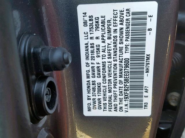 19XFB2F58EE079600 - 2014 HONDA CIVIC LX CHARCOAL photo 10