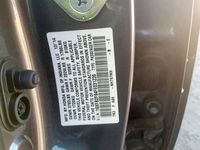 19XFB2F94FE031239 - 2015 HONDA CIVIC EXL GRAY photo 10