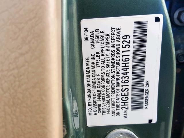 2HGES16344H611529 - 2004 HONDA CIVIC DX V GREEN photo 10