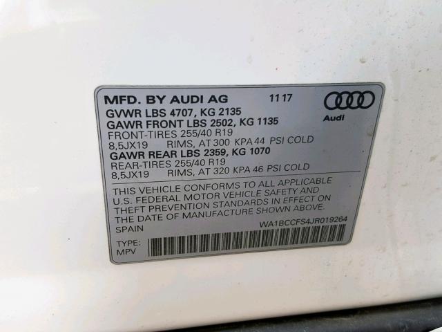 WA1BCCFS4JR019264 - 2018 AUDI Q3 PREMIUM WHITE photo 10