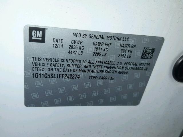 1G11C5SL1FF242374 - 2015 CHEVROLET MALIBU 1LT თეთრი ფოტო 10