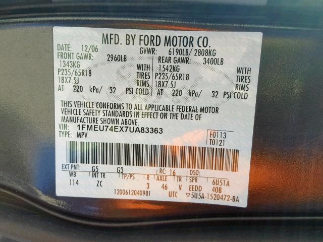 1FMEU74EX7UA83363 - 2007 FORD EXPLORER E BLACK photo 10