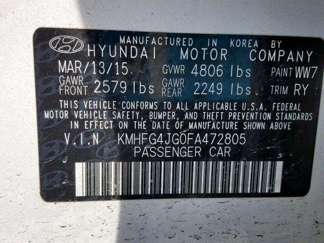 KMHFG4JG0FA472805 - 2015 HYUNDAI AZERA WHITE photo 10