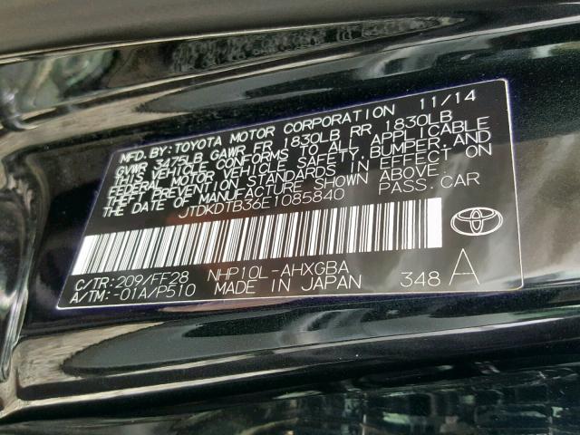 JTDKDTB36E1085840 - 2014 TOYOTA PRIUS C BLACK photo 10