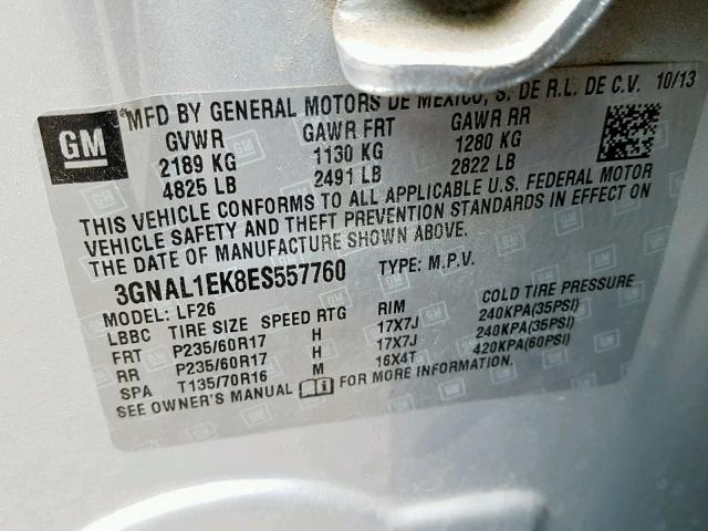 3GNAL1EK8ES557760 - 2014 CHEVROLET CAPTIVA LS 银色 照片 10