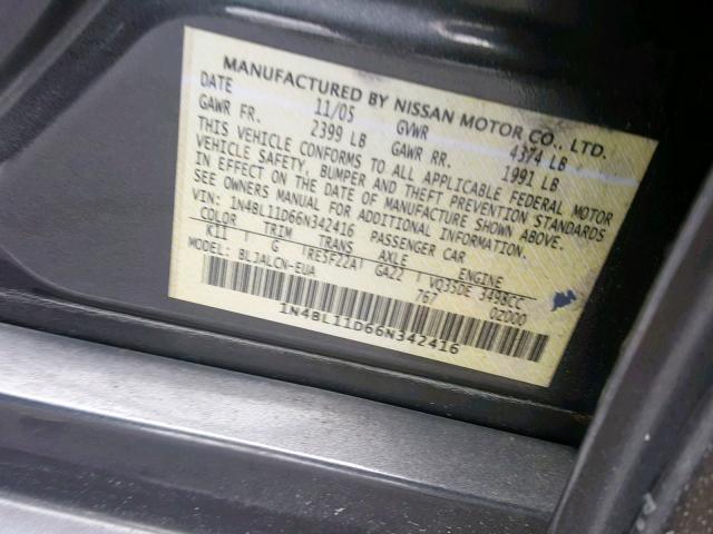 1N4BL11D66N342416 - 2006 NISSAN ALTIMA SE GRAY photo 10