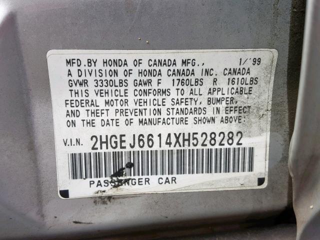 2HGEJ6614XH528282 - 1999 HONDA CIVIC BASE Gümüş foto 10