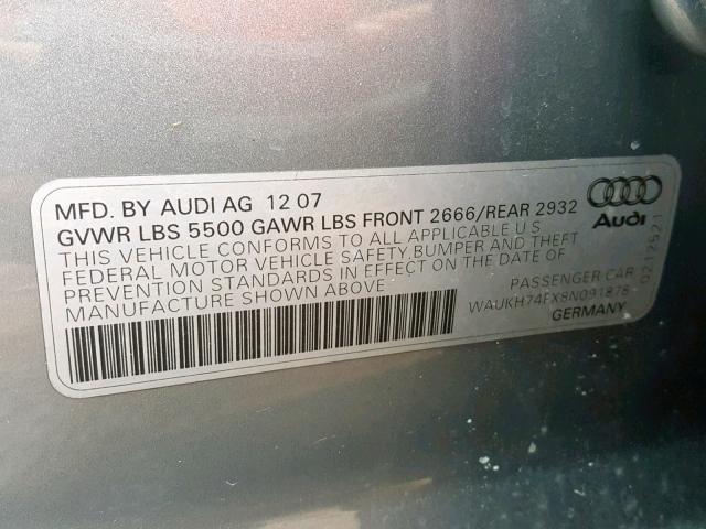 WAUKH74FX8N091878 - 2008 AUDI A6 AVANT Q GRAY photo 10