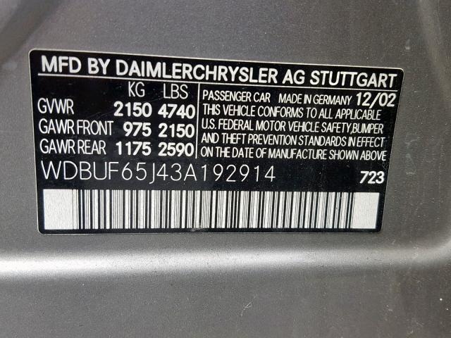 WDBUF65J43A192914 - 2003 MERCEDES-BENZ E 320 SILVER photo 10