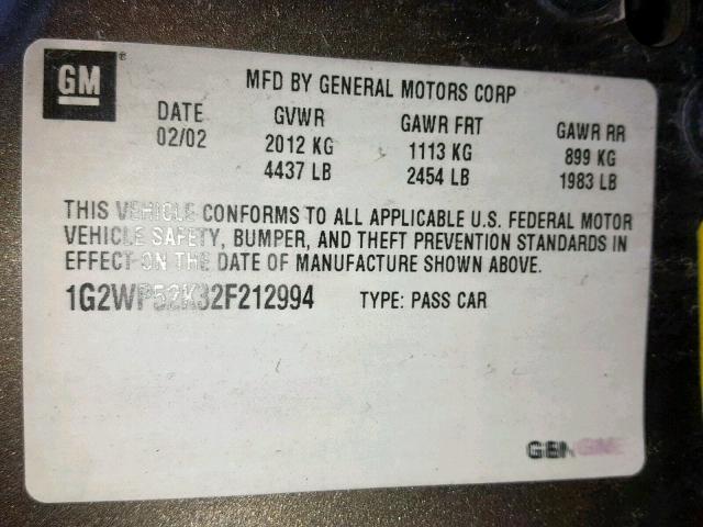 1G2WP52K32F212994 - 2002 PONTIAC GRAND PRIX BROWN photo 10