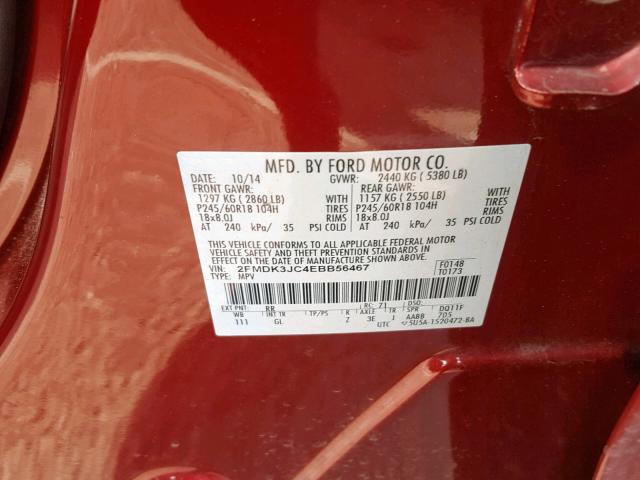 2FMDK3JC4EBB56467 - 2014 FORD EDGE SEL RED photo 10