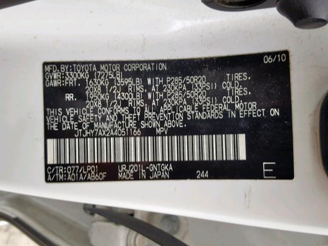 JTJHY7AX2A4051166 - 2010 LEXUS LX 570 WHITE photo 10