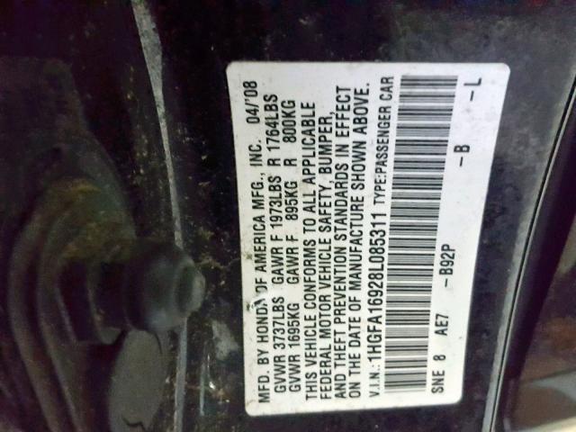 1HGFA16928L085311 - 2008 HONDA CIVIC EXL BLACK photo 10