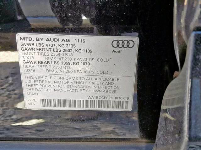 WA1BCCFS2HR010749 - 2017 AUDI Q3 PREMIUM BLACK photo 10