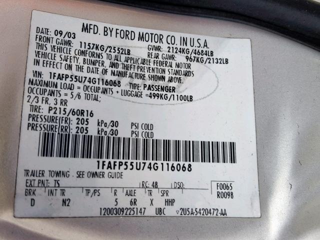 1FAFP55U74G116068 - 2004 FORD TAURUS SES SILVER photo 10