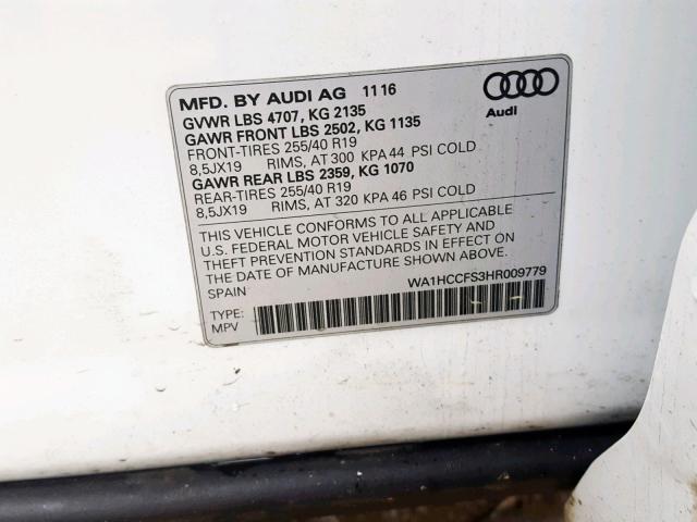 WA1HCCFS3HR009779 - 2017 AUDI Q3 PREMIUM WHITE photo 10