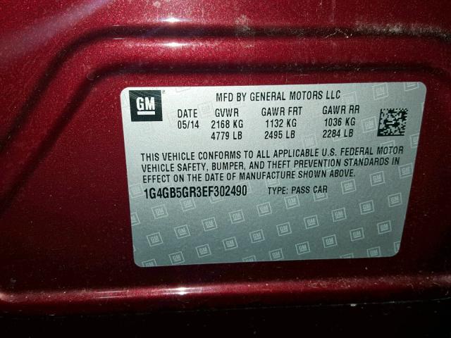 1G4GB5GR3EF302490 - 2014 BUICK LACROSSE BURGUNDY photo 10