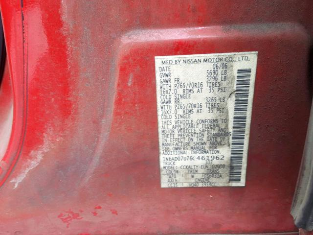 1N6AD07U76C461962 - 2006 NISSAN FRONTIER C RED photo 10