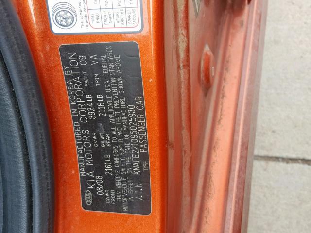 KNAFE221095025930 - 2009 KIA SPECTRA EX ORANGE photo 10