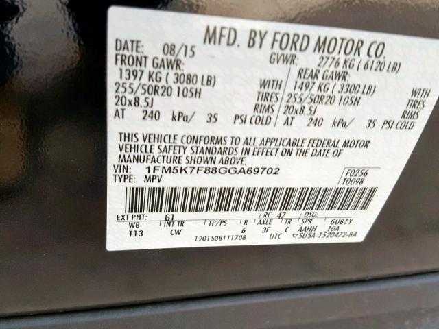 1FM5K7F88GGA69702 - 2016 FORD EXPLORER L BLACK photo 10