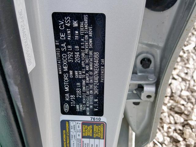 3KPF24AD7KE064088 - 2019 KIA FORTE FE SILVER photo 10