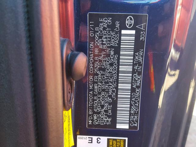 JTKJF5C76B3020496 - 2011 TOYOTA SCION TC BLUE photo 10