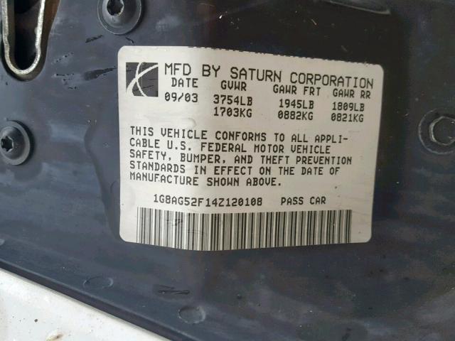 1G8AG52F14Z120108 - 2004 SATURN ION LEVEL WHITE photo 10