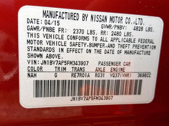 JN1BV7AP5FM343907 - 2015 INFINITI Q50 BASE RED photo 10