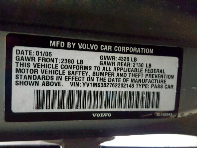 YV1MS382762202148 - 2006 VOLVO S40 2.4I GRAY photo 10