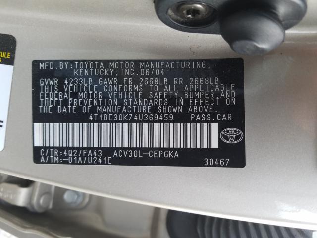 4T1BE30K74U369459 - 2004 TOYOTA CAMRY LE  photo 10