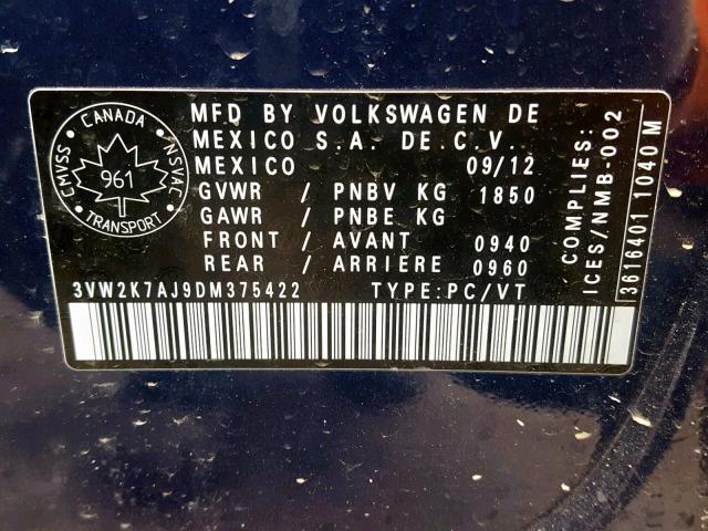 3VW2K7AJ9DM375422 - 2013 VOLKSWAGEN JETTA BASE BLUE photo 10